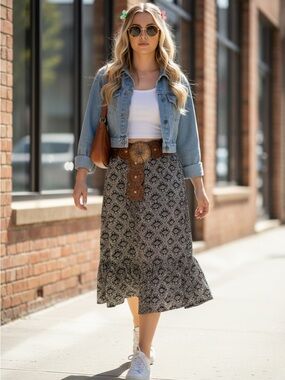 Vintage 90s TanJay Midi Skirt Black & Cream Geometric Print Boho Cottagecore